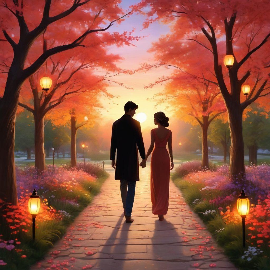 A romantic scene depicting a couple walking hand in hand through a picturesque park, surrounded by blooming flowers and softly glowing lanterns, symbolizing the journey from courtship to commitment. The background features a sunset sky with warm colors, creating a cozy and intimate atmosphere. Include subtle heart-shaped motifs in the foliage to represent love. super-realistic. vibrant colors.