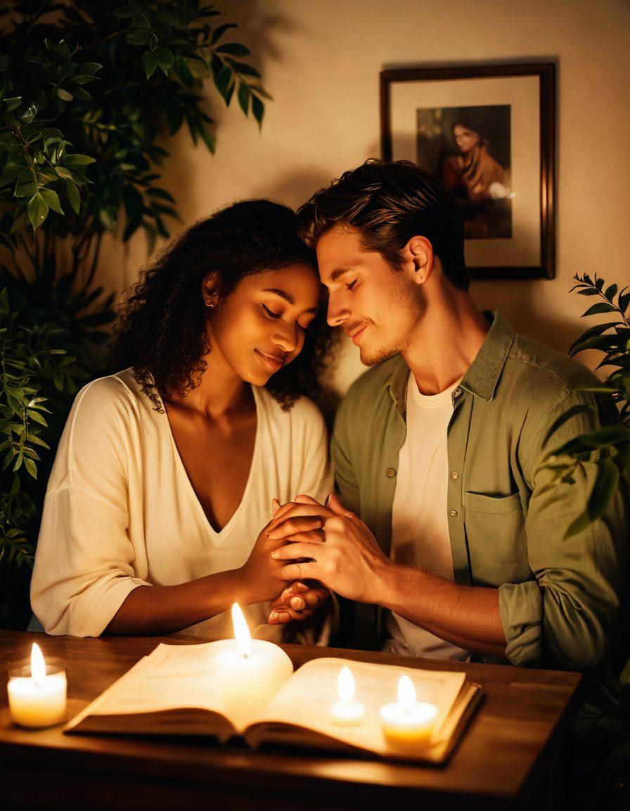 A warm, intimate scene of a couple sharing a cozy moment together, surrounded by soft candlelight and lush greenery, symbolizing growth and connection. Illustrate their hands gently intertwined, highlighting their emotional bond. Include subtle elements like a heart-shaped plant or a journal with love notes to enhance the theme of deepening intimacy. soft focus. warm colors. romantic atmosphere.