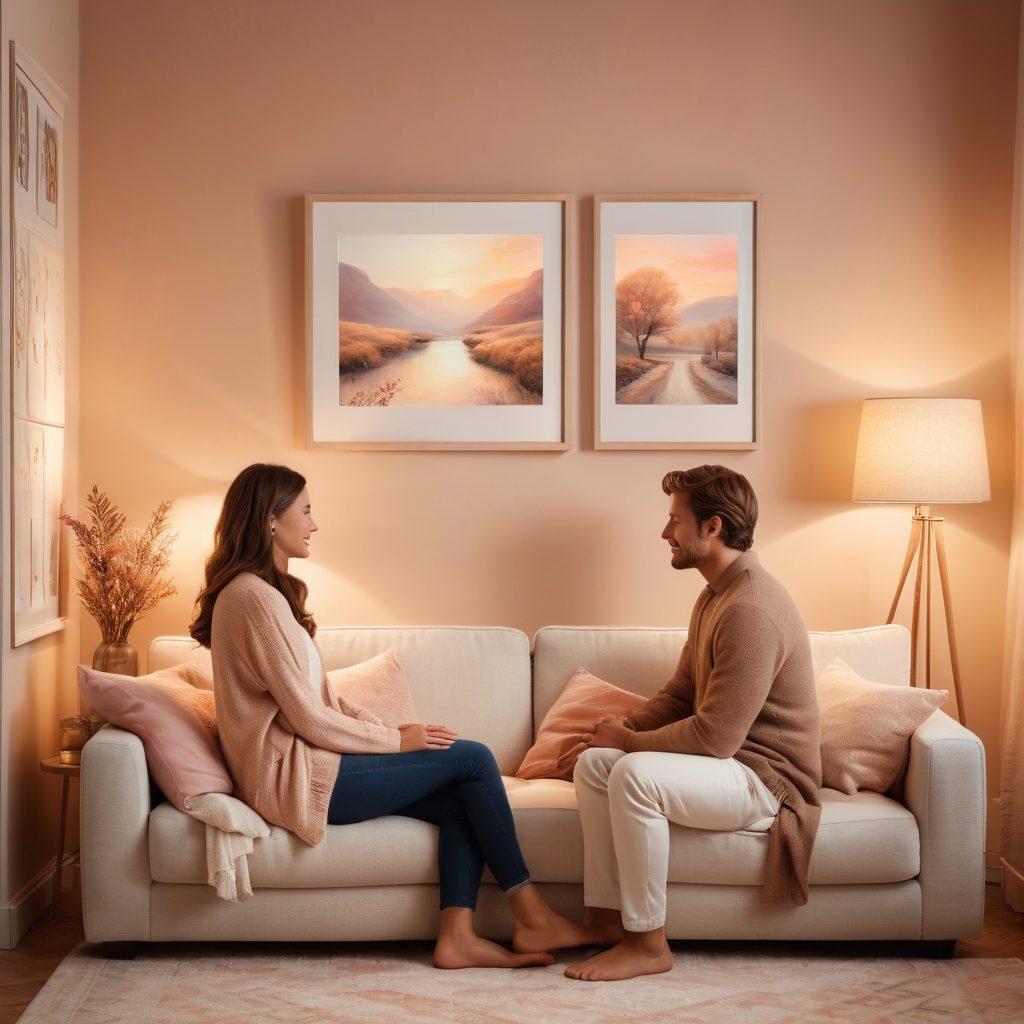 A serene couple sharing a meaningful moment in a cozy living room, surrounded by soft lighting and warm textures. They are holding hands, gazing into each other's eyes, with subtle elements like a photo wall in the background showcasing their journey together. Gentle heart motifs and soft pastel colors enhance the warmth and intimacy of the scene. super-realistic. soft lighting. warm colors.